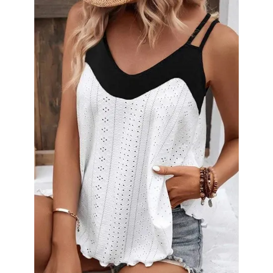Contrast Color Hollow Split-Joint Loose Sleeveless Spaghetti-Neck Vest Top Contrast Color Hollow Split-Joint Loose Sleeveless Spaghetti-Neck Vest Top