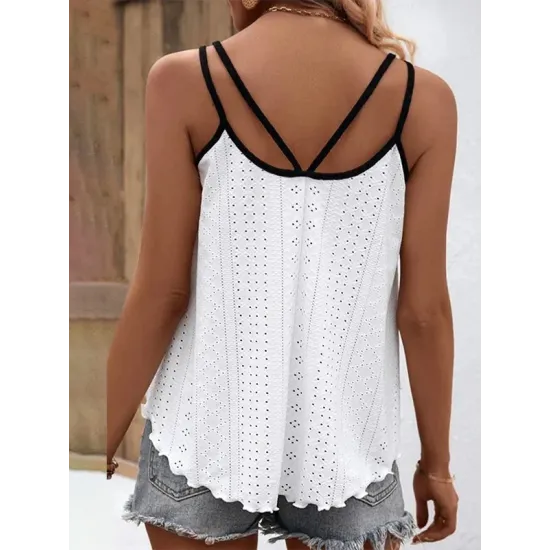 Contrast Color Hollow Split-Joint Loose Sleeveless Spaghetti-Neck Vest Top Contrast Color Hollow Split-Joint Loose Sleeveless Spaghetti-Neck Vest Top