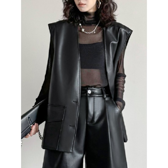 Buttoned Pockets Solid Color Loose Sleeveless V-neck Vest Outerwear Buttoned Pockets Solid Color Loose Sleeveless V-neck Vest Outerwear