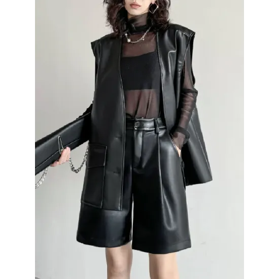 Buttoned Pockets Solid Color Loose Sleeveless V-neck Vest Outerwear Buttoned Pockets Solid Color Loose Sleeveless V-neck Vest Outerwear