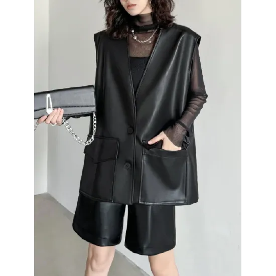 Buttoned Pockets Solid Color Loose Sleeveless V-neck Vest Outerwear Buttoned Pockets Solid Color Loose Sleeveless V-neck Vest Outerwear