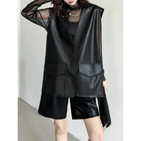 Buttoned Pockets Solid Color Loose Sleeveless V-neck Vest Outerwear Buttoned Pockets Solid Color Loose Sleeveless V-neck Vest Outerwear