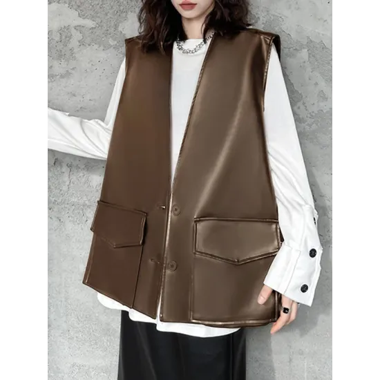 Buttoned Pockets Solid Color Loose Sleeveless V-neck Vest Outerwear Buttoned Pockets Solid Color Loose Sleeveless V-neck Vest Outerwear