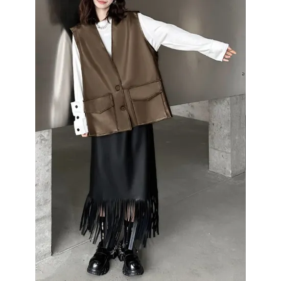 Buttoned Pockets Solid Color Loose Sleeveless V-neck Vest Outerwear Buttoned Pockets Solid Color Loose Sleeveless V-neck Vest Outerwear