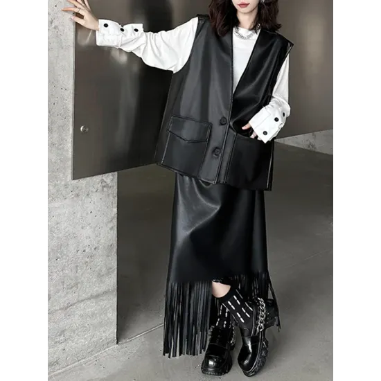 Buttoned Pockets Solid Color Loose Sleeveless V-neck Vest Outerwear Buttoned Pockets Solid Color Loose Sleeveless V-neck Vest Outerwear