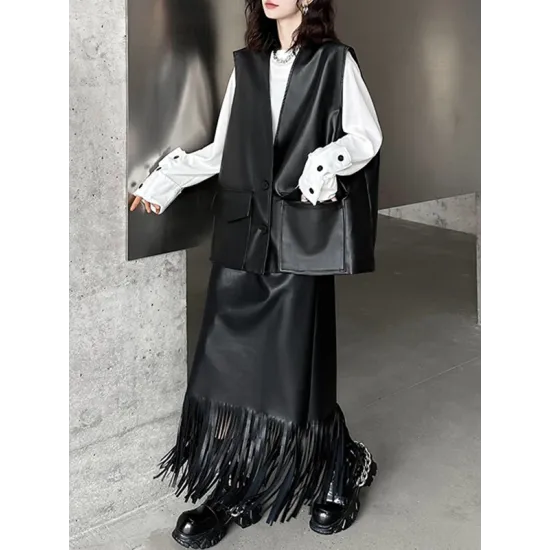 Buttoned Pockets Solid Color Loose Sleeveless V-neck Vest Outerwear Buttoned Pockets Solid Color Loose Sleeveless V-neck Vest Outerwear
