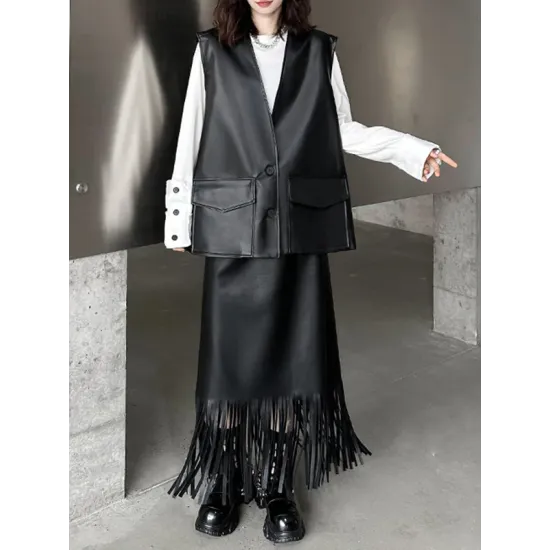 Buttoned Pockets Solid Color Loose Sleeveless V-neck Vest Outerwear Buttoned Pockets Solid Color Loose Sleeveless V-neck Vest Outerwear