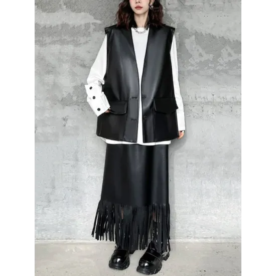 Buttoned Pockets Solid Color Loose Sleeveless V-neck Vest Outerwear Buttoned Pockets Solid Color Loose Sleeveless V-neck Vest Outerwear