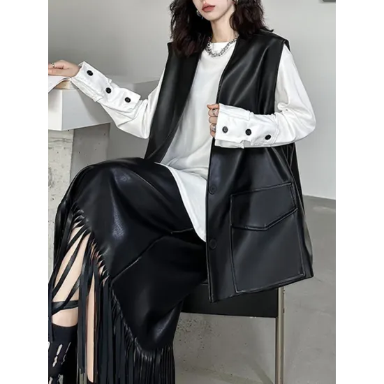 Buttoned Pockets Solid Color Loose Sleeveless V-neck Vest Outerwear Buttoned Pockets Solid Color Loose Sleeveless V-neck Vest Outerwear