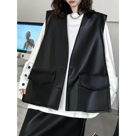 Buttoned Pockets Solid Color Loose Sleeveless V-neck Vest Outerwear Buttoned Pockets Solid Color Loose Sleeveless V-neck Vest Outerwear