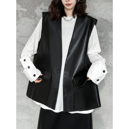 Buttoned Pockets Solid Color Loose Sleeveless V-neck Vest Outerwear Buttoned Pockets Solid Color Loose Sleeveless V-neck Vest Outerwear