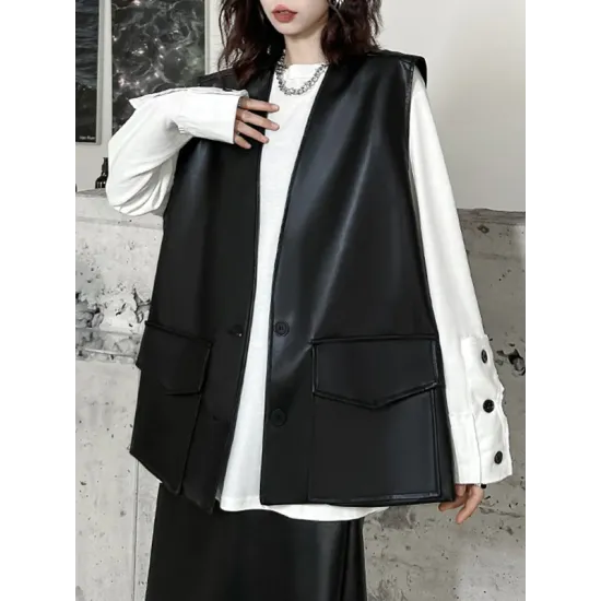 Buttoned Pockets Solid Color Loose Sleeveless V-neck Vest Outerwear Buttoned Pockets Solid Color Loose Sleeveless V-neck Vest Outerwear