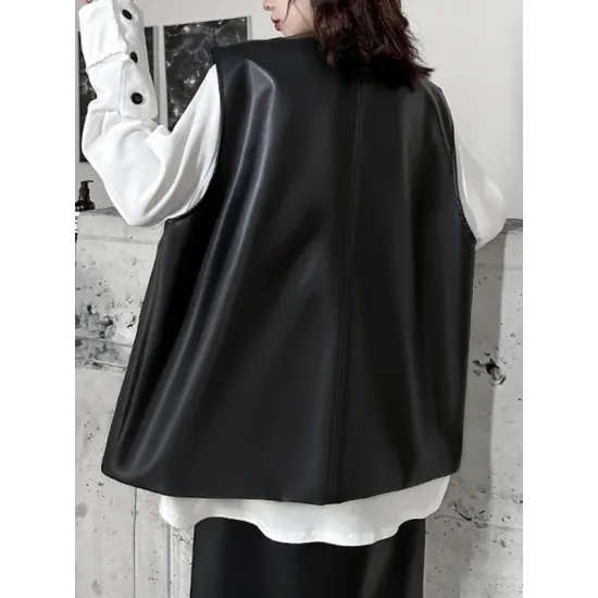 Buttoned Pockets Solid Color Loose Sleeveless V-neck Vest Outerwear Buttoned Pockets Solid Color Loose Sleeveless V-neck Vest Outerwear