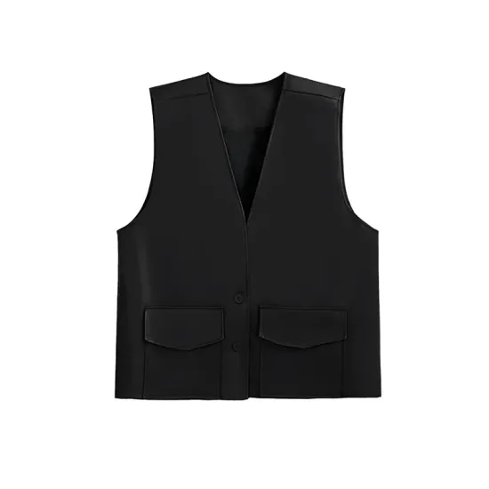 Buttoned Pockets Solid Color Loose Sleeveless V-neck Vest Outerwear Buttoned Pockets Solid Color Loose Sleeveless V-neck Vest Outerwear