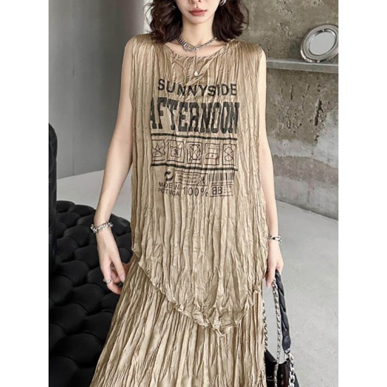 Asymmetric Letter Print Pleated Loose Sleeveless Round-Neck Vest Top Asymmetric Letter Print Pleated Loose Sleeveless Round-Neck Vest Top