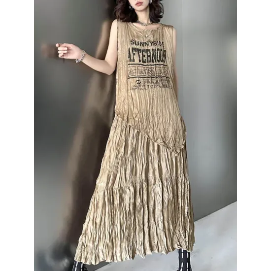 Asymmetric Letter Print Pleated Loose Sleeveless Round-Neck Vest Top Asymmetric Letter Print Pleated Loose Sleeveless Round-Neck Vest Top