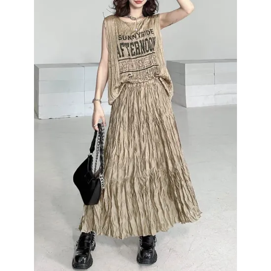 Asymmetric Letter Print Pleated Loose Sleeveless Round-Neck Vest Top Asymmetric Letter Print Pleated Loose Sleeveless Round-Neck Vest Top