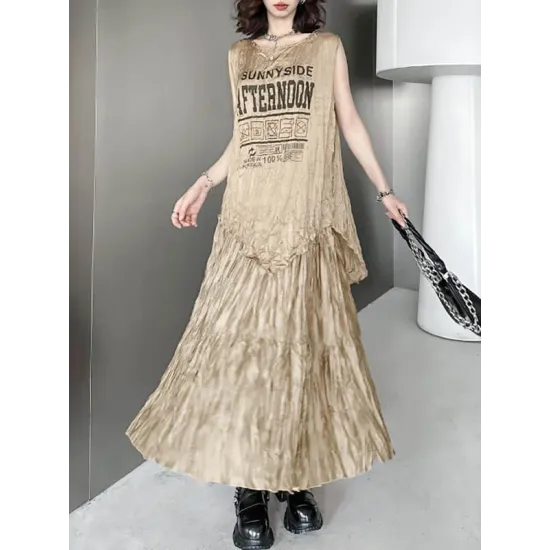 Asymmetric Letter Print Pleated Loose Sleeveless Round-Neck Vest Top Asymmetric Letter Print Pleated Loose Sleeveless Round-Neck Vest Top