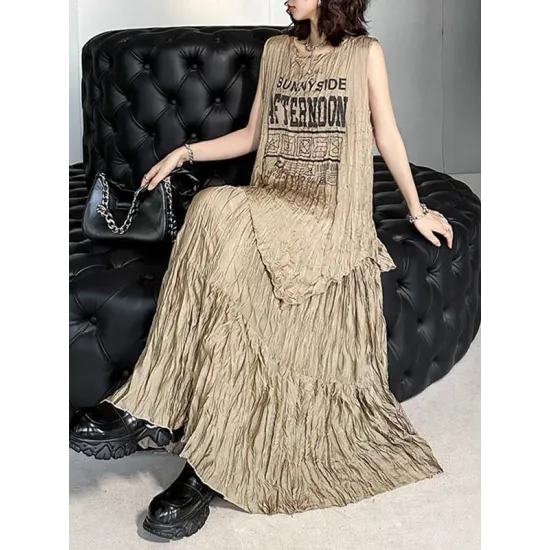 Asymmetric Letter Print Pleated Loose Sleeveless Round-Neck Vest Top Asymmetric Letter Print Pleated Loose Sleeveless Round-Neck Vest Top