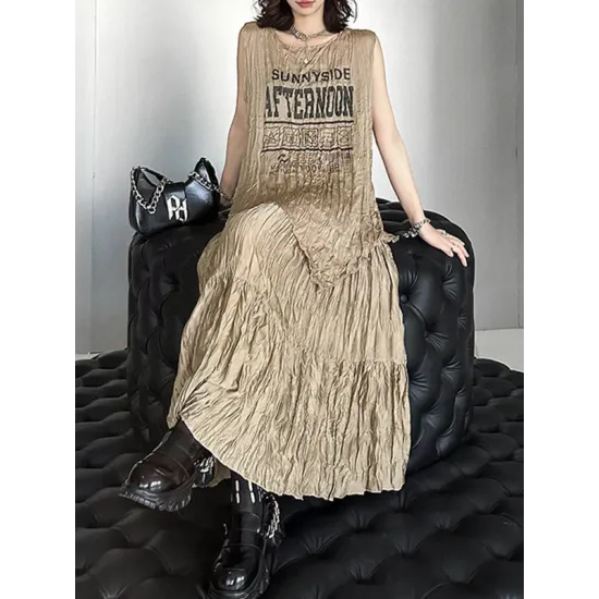 Asymmetric Letter Print Pleated Loose Sleeveless Round-Neck Vest Top Asymmetric Letter Print Pleated Loose Sleeveless Round-Neck Vest Top