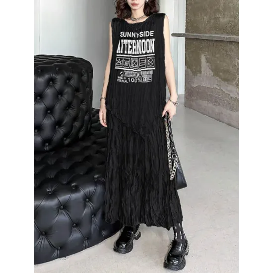 Asymmetric Letter Print Pleated Loose Sleeveless Round-Neck Vest Top Asymmetric Letter Print Pleated Loose Sleeveless Round-Neck Vest Top