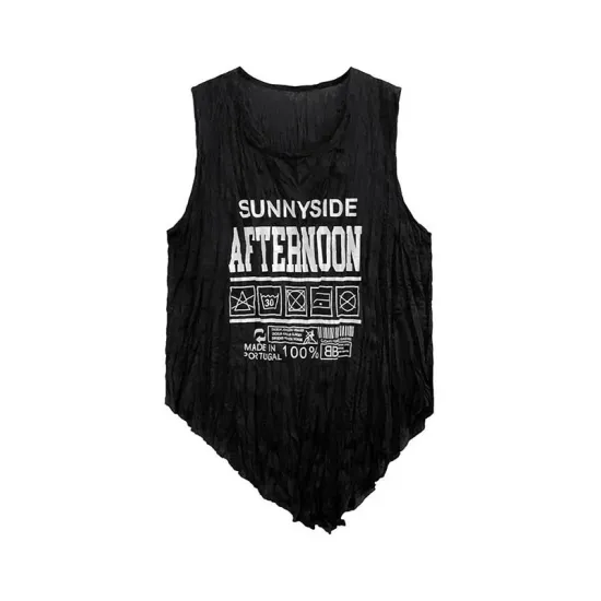 Asymmetric Letter Print Pleated Loose Sleeveless Round-Neck Vest Top Asymmetric Letter Print Pleated Loose Sleeveless Round-Neck Vest Top