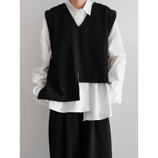 Asymmetric Buttoned Solid Color Loose Sleeveless V-Neck Vest Outerwear Asymmetric Buttoned Solid Color Loose Sleeveless V-Neck Vest Outerwear