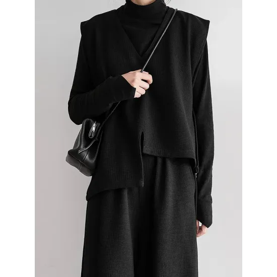 Asymmetric Buttoned Solid Color Loose Sleeveless V-Neck Vest Outerwear Asymmetric Buttoned Solid Color Loose Sleeveless V-Neck Vest Outerwear