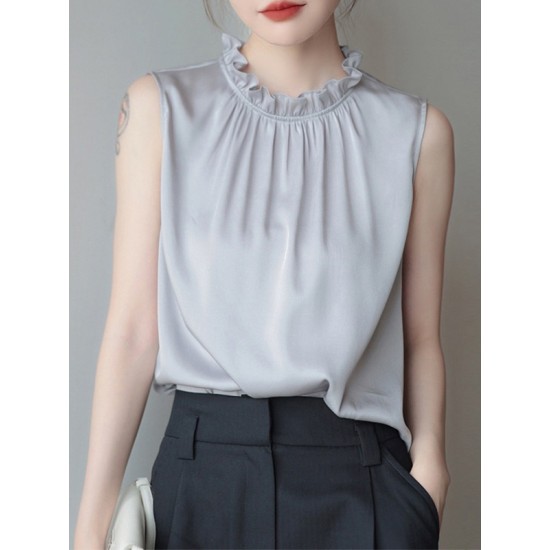 Hollow Pleated Ruffled Solid Color Loose Sleeveless Stand Collar Vest Top Hollow Pleated Ruffled Solid Color Loose Sleeveless Stand Collar Vest Top