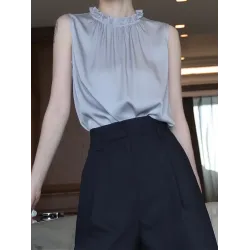 Hollow Pleated Ruffled Solid Color Loose Sleeveless Stand Collar Vest Top