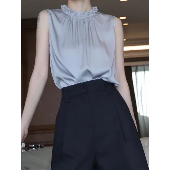 Hollow Pleated Ruffled Solid Color Loose Sleeveless Stand Collar Vest Top Hollow Pleated Ruffled Solid Color Loose Sleeveless Stand Collar Vest Top