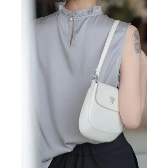 Hollow Pleated Ruffled Solid Color Loose Sleeveless Stand Collar Vest Top Hollow Pleated Ruffled Solid Color Loose Sleeveless Stand Collar Vest Top