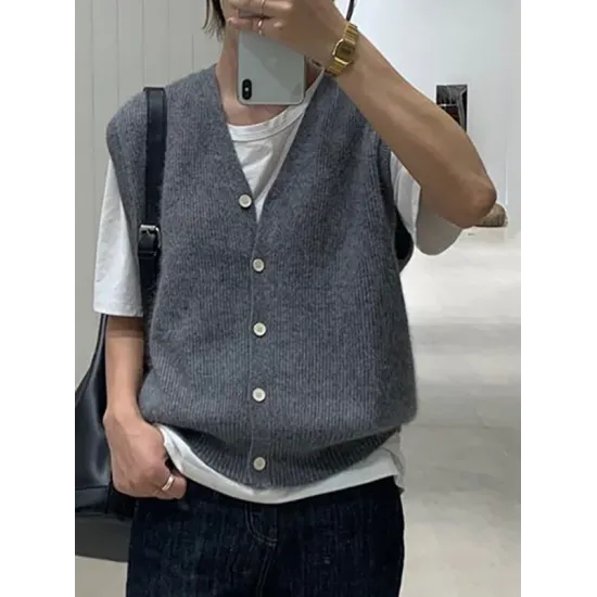 Buttoned Loose Sleeveless V-neck Vest Outerwear Knitwear Buttoned Loose Sleeveless V-neck Vest Outerwear Knitwear