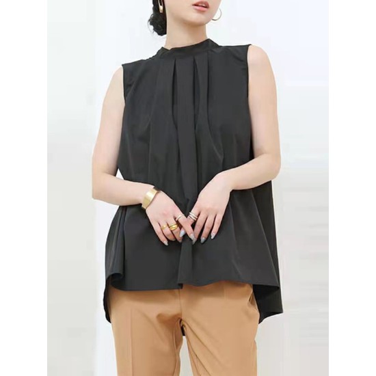 Lace-Up Pleated Solid Color Split-Joint Streamer High-low Loose Stand Collar Vest Top Lace-Up Pleated Solid Color Split-Joint Streamer High-low Loose Stand Collar Vest Top