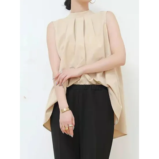 Lace-Up Pleated Solid Color Split-Joint Streamer High-low Loose Stand Collar Vest Top Lace-Up Pleated Solid Color Split-Joint Streamer High-low Loose Stand Collar Vest Top
