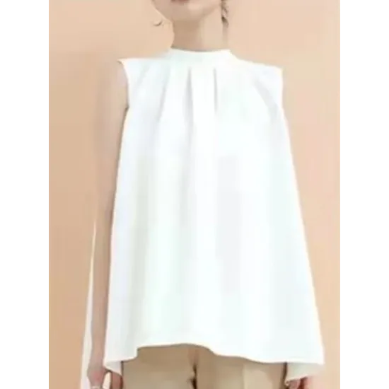 Lace-Up Pleated Solid Color Split-Joint Streamer High-low Loose Stand Collar Vest Top Lace-Up Pleated Solid Color Split-Joint Streamer High-low Loose Stand Collar Vest Top