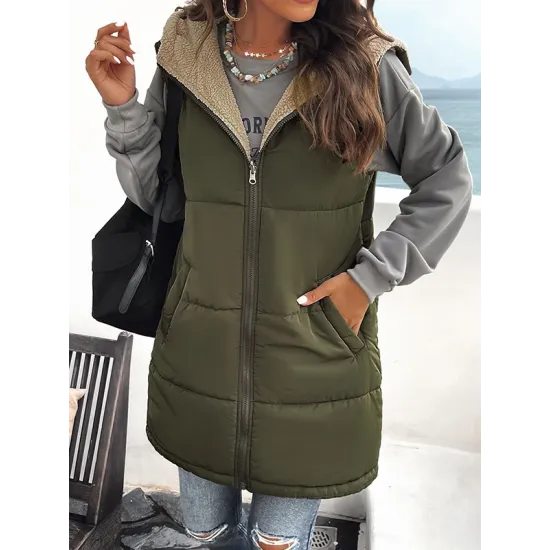 Loose Sleeveless Pockets Quilted Reversible Zipper Hooded Padded Vest Vest Outerwear