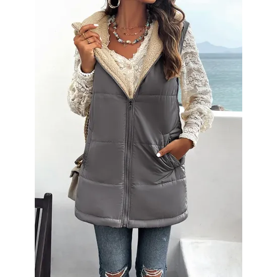 Loose Sleeveless Pockets Quilted Reversible Zipper Hooded Padded Vest Vest Outerwear