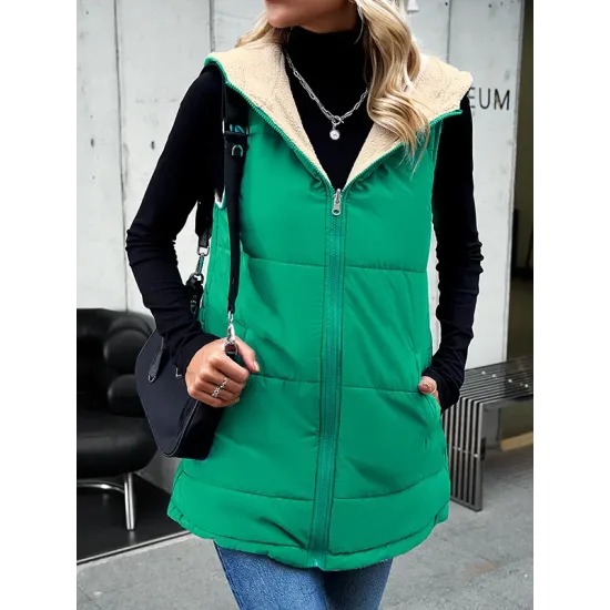 Loose Sleeveless Pockets Quilted Reversible Zipper Hooded Padded Vest Vest Outerwear