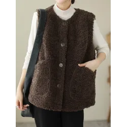 Buttoned Pockets Loose Sleeveless Round-Neck Vest Outerwear