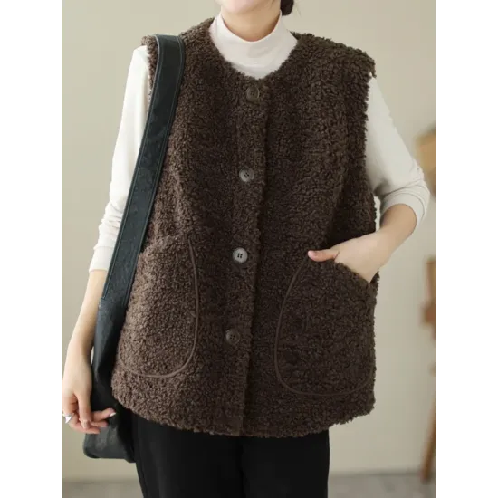 Buttoned Pockets Loose Sleeveless Round-Neck Vest Outerwear Buttoned Pockets Loose Sleeveless Round-Neck Vest Outerwear