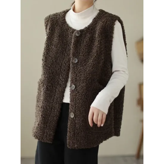 Buttoned Pockets Loose Sleeveless Round-Neck Vest Outerwear Buttoned Pockets Loose Sleeveless Round-Neck Vest Outerwear