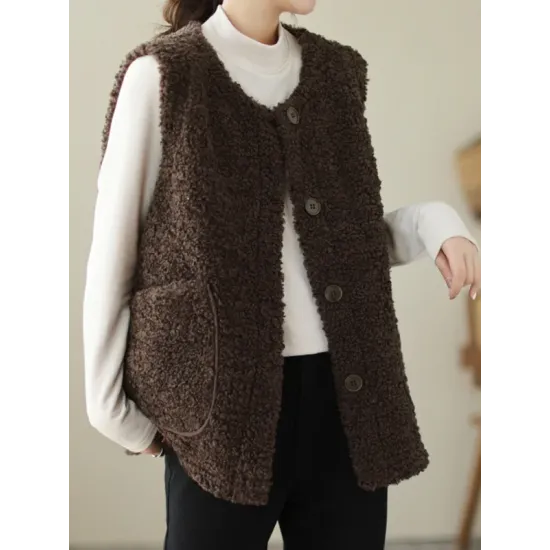 Buttoned Pockets Loose Sleeveless Round-Neck Vest Outerwear Buttoned Pockets Loose Sleeveless Round-Neck Vest Outerwear