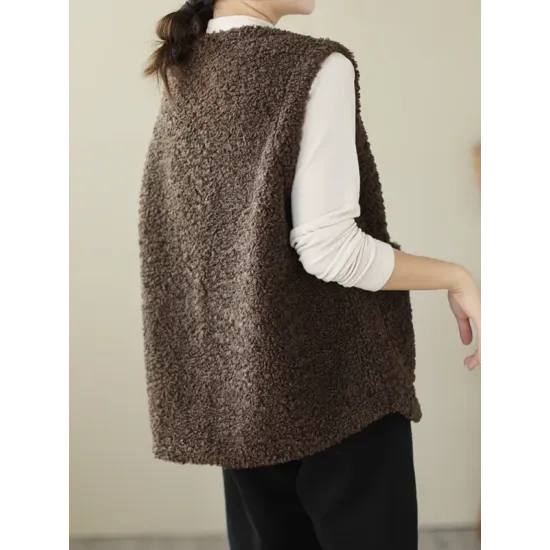 Buttoned Pockets Loose Sleeveless Round-Neck Vest Outerwear Buttoned Pockets Loose Sleeveless Round-Neck Vest Outerwear