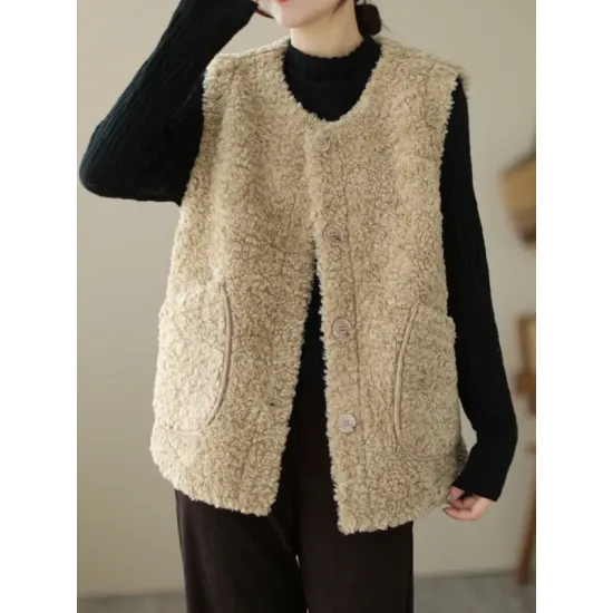 Buttoned Pockets Loose Sleeveless Round-Neck Vest Outerwear Buttoned Pockets Loose Sleeveless Round-Neck Vest Outerwear
