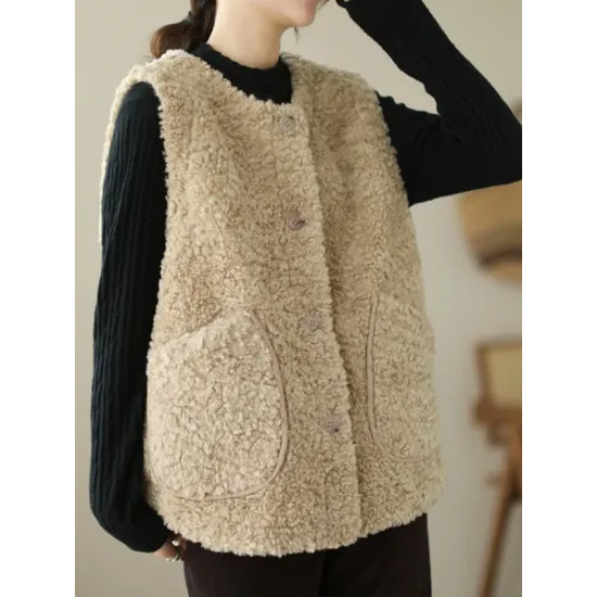 Buttoned Pockets Loose Sleeveless Round-Neck Vest Outerwear Buttoned Pockets Loose Sleeveless Round-Neck Vest Outerwear