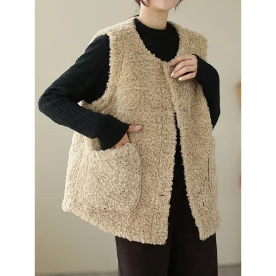 Buttoned Pockets Loose Sleeveless Round-Neck Vest Outerwear Buttoned Pockets Loose Sleeveless Round-Neck Vest Outerwear