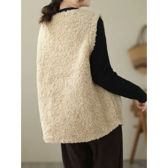 Buttoned Pockets Loose Sleeveless Round-Neck Vest Outerwear Buttoned Pockets Loose Sleeveless Round-Neck Vest Outerwear