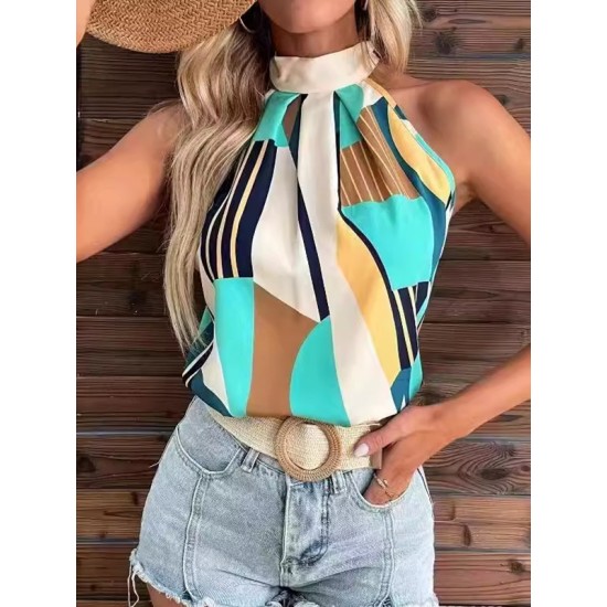 Pleated Printed Loose Sleeveless Halter-Neck Vest Top Pleated Printed Loose Sleeveless Halter-Neck Vest Top