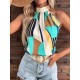 Pleated Printed Loose Sleeveless Halter-Neck Vest Top Pleated Printed Loose Sleeveless Halter-Neck Vest Top